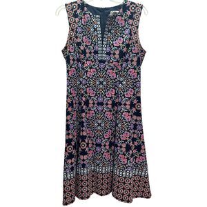Maggy L Sleeveless Dress Womens Size 8 Navy Blue Floral Geometric Border Print